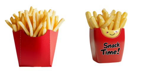 Png of Two servings of crispy French fries, one in a classic red box, the other in a playful 'Snack Time!' container.