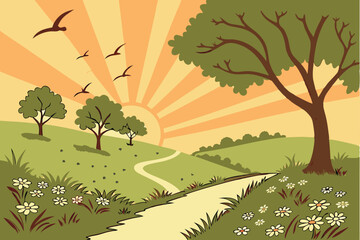 Fototapeta premium 6 Vibrant sunset, lush green trees, winding path, radiant orange sky, sunburst effect, silhouetted birds flying, grassy meadow, wildflowers, serene landscape, digital art style, warm color palette, sy