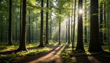 Sunlight shining through tall trees in a lush green forest with a path cutting through the woods
