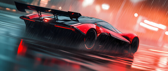 Red Sports Car in the Rain: A sleek red sports car with a massive rear wing cuts through a downpour, leaving a trail of glistening water in its wake.