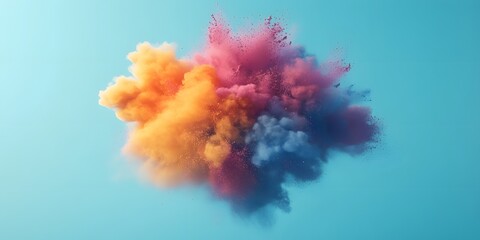 Vibrant rainbow-colored powder explodes dynamically against a pale blue background, creating a suspended cloud of colorful dust particles in an abstract high-speed capture.  
