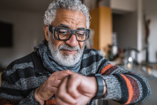 An elderly gentleman with a beard and glasses looks at his smartwatch in a calm setting.