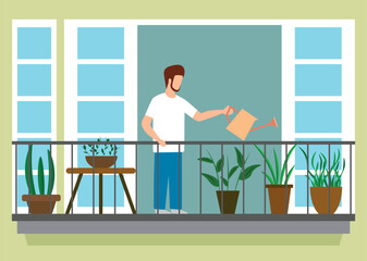 A man on a balcony waters indoor flowers from a watering can. Home atmosphere and growing plants at home. Vector illustration