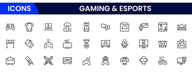 Gaming and e sports line icons related to video games, gaming, technology, gadgets, and sports. Vector illustration. © oneflock