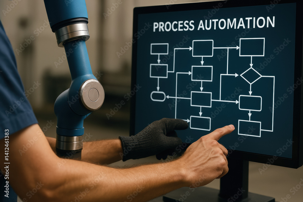 Poster a close-up view a person using a touchscreen display to navigate a flowchart related to process auto