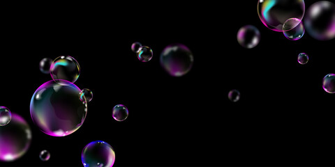 Realistic 3D soap bubbles with iridescent reflections floating on black background, ideal for abstract backgrounds, advertising, posters, party designs and digital art projects.Vector illustration