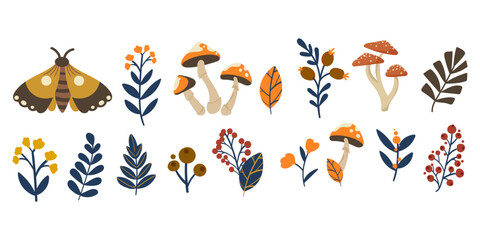 Autumn Botanical Clipart Set in Nordic Folk Style.Vector collection of autumn forest elements in retro Scandi style with moths mushrooms berries and botanical leaves,for fabric design, stickers ,icons