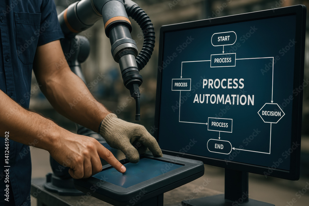 Poster this highlights process automation in a business environment featuring a hand interacting with a tab