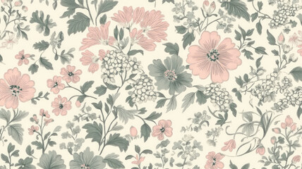 an elegant floral liberty pattern with intricate flowers in muted tones of blush pink and sage green, set against a soft cream background.