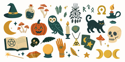 Collection of mystical Halloween and witchcraft elements in retro folk style with black cat crystals owl pumpkin tarot cards skull and moon icons, logo, stickers, print design,esoteric branding.Vector