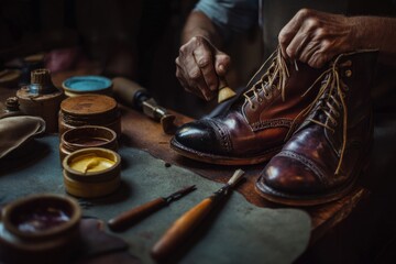 A cobbler meticulously polishing a leather boot in his workshop, showcasing craftsmanship and tradition.