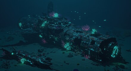 Fototapeta premium Futuristic Shipwreck with Glowing Fish and Geometric Coral