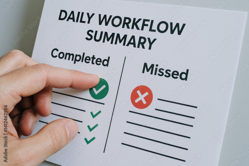 Poster a hand marks completed tasks on a daily workflow summary reflecting effective decision-making and st