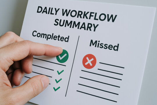 A hand marks completed tasks on a daily workflow summary reflecting effective decision-making and strategy to enhance business efficiency