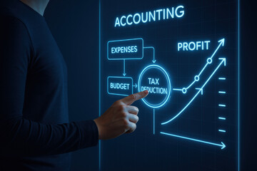 Obraz premium A business professional analyzes financial strategy on an interactive interface making informed decisions to optimize tax deductions and drive profit growth efficiently