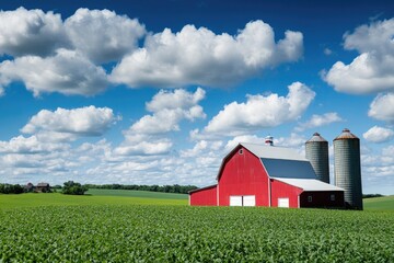 Obraz premium Red barn, silos, and a vibrant rural landscape under a vast, partly cloudy sky