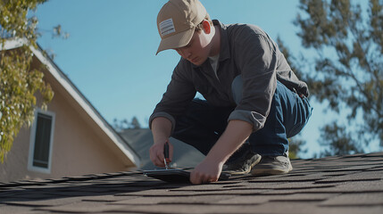 Roofing contractor inspecting a rooftop for leaks. Featuring roofing inspection