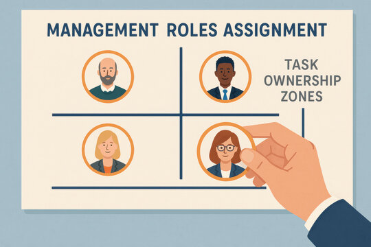 A strategic management roles assignment illustrates task ownership zones highlighting decision-making and leadership to optimize business workflow and team efficiency
