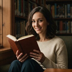 Frau liest entspannt in gemütlicher Bibliothek oder Lesezimmer bei natürlichem Licht, Bücherregal im Hintergrund 