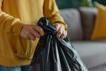 Close-up of a woman's hand holding a black garbage bag for children to pick up trash in the living room at home