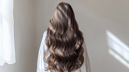 A model with long healthy brown hair is positioned in a hairdressing chair, facing in the opposite direction