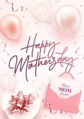 Happy mother's day vertical web banner, poster, greeting card design template. Realistic 3d helium balloons, envelope and gift box on pink background. Mother day. Vector illustration