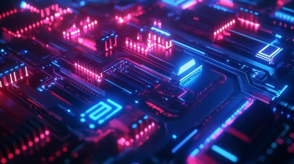 Obraz premium Vibrant Futuristic Digital Circuit Board with Neon Lights and Color