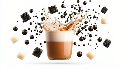 Floating ingredients of bubble tea: tea leaves, milk splash, tapioca pearls, sugar cubes, and straw, suspended mid-air on white background