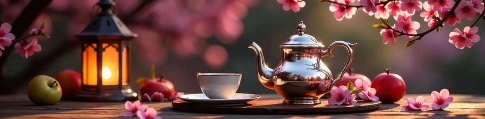 Elegant silver tea set, delicate cherry blossoms, glowing lantern, Iftar scene Ramadan Kareem , holy month, elegant