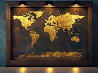 A beautifully framed, hand-painted world map gold leaf detailing, mounted a luxurious wooden panel spotlights highlighting its intricate artistic elements