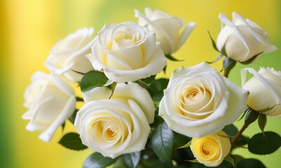 Obraz premium Elegant white roses blooming against vibrant green yellow background