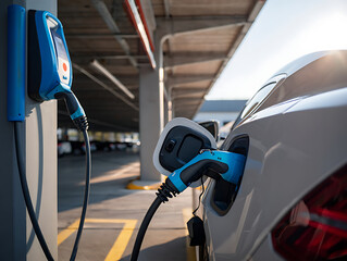 Electric Vehicle Charging Station in a Modern Parking Garage, Bathed in Afternoon Light with Clean, Sleek Design and Convenient Access