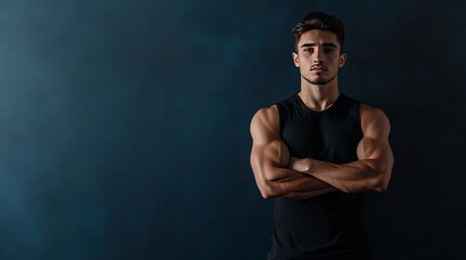 Fototapeta premium A bodybuilder with a stoic demeanor stands upright, his arms folded across his chest in a display of unwavering resolve, his chiseled physique radiating power and strength as it shines in the light