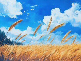 Golden Wheat Field Under a Brilliant Blue Sky: Sun-kissed wheat sways gently in a warm breeze, with a vibrant blue sky dotted with fluffy white clouds above.