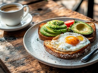 Breakfast Delight: A mouthwatering breakfast spread features avocado toast, and a fried egg, all complemented by a steaming cup of coffee, creating a visual feast