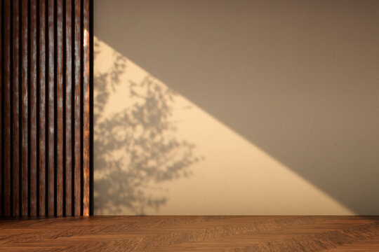 Modern empty room with sunlight and tree shadow. Interior background mockup with beige plaster wall and wooden floor. Minimalist living room scene.