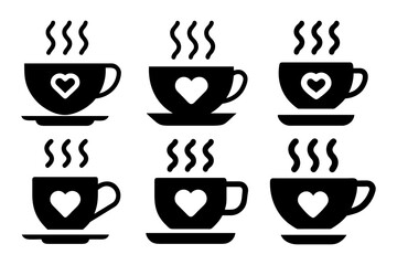 A set of silhouette teacup icons with heart shaped steam, symbolizing love and warmth