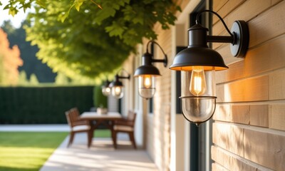 Elegant outdoor wall lamps on modern brick house exterior at sunset
