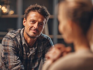 Obraz premium Portrait of a therapist talking to a patient during a mental health session, warm and supportive expression, close-up on their interaction, cozy therapy office background