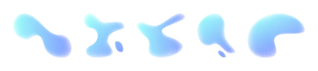 Grainy blue gradient shapes set isolated on white background. Vector realistic illustration of abstract pastel color figures with noise texture, water puddles, paint strokes, y2k graphic design icons