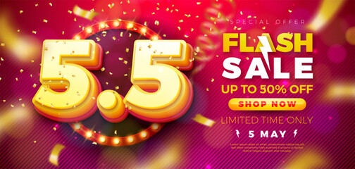 5 May Shopping Day Flash Sale Design with 3d 5.5 Number, Light Bulb Billboard and Falling Confetti on Red Background. Vector Special Offer 50 Percent Off Campaign Discount Illustration for Coupon
