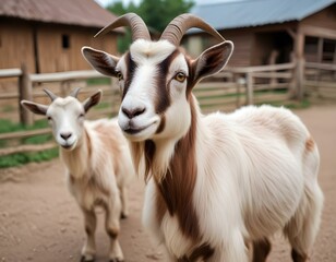 Goat. Portrait of a goat on a farm in the village. Beautiful goat posing