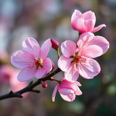 Obraz premium Delicate pink blooms unfolding on a woody branch, pink rose of sharon, petals