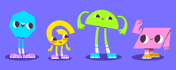 Geometric doodle figures illustration - cute funny abstract shaped characters with smiling face expressions. Bright color stylized simple geometry shapes with arms and legs for children poster design