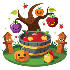 Halloween Bobbing for apples isolated on white background 