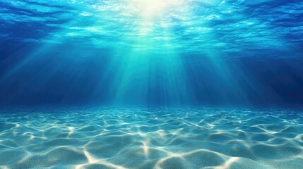 Fototapeta premium Underwater ocean sandy bottom and sunrays vector. Peaceful ocean, lagoon or lake pure water with sand seabed