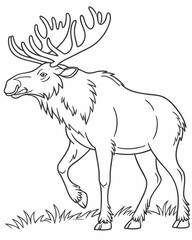 Obraz premium Moose Coloring Page, Majestic Forest Animal with Large Antlers Standing on Grass