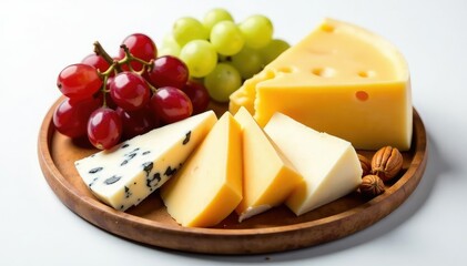 Elegant cheese platter, grapes, nuts, white background, gastronomy, delicious