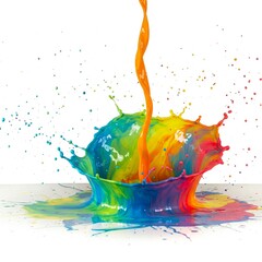 Bunter Farbeimer wird ausgeschüttet und erzeugt dynamische Farbspritzer in Regenbogenfarben auf weißem Hintergrund