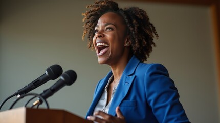 Black businesswoman giving political speech at podium. Empowerment concept